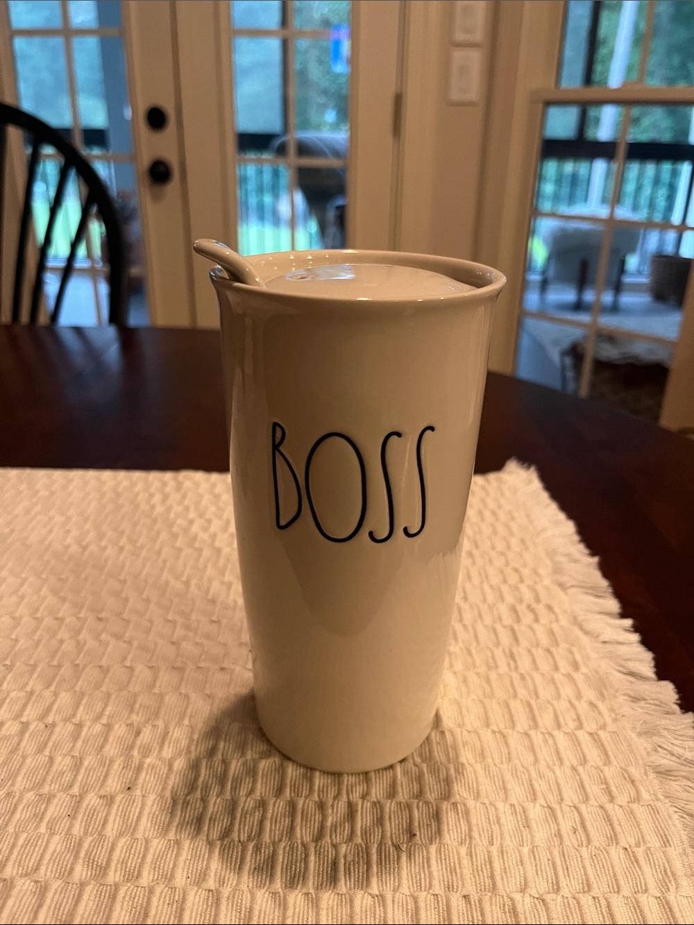 Rae Dunn Cream Ceramic Mug with 'BOSS' Text